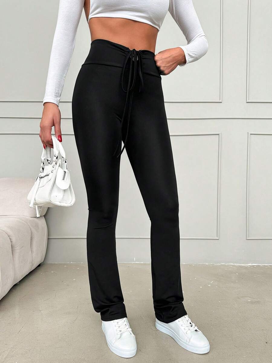 RueChic Lace Up Front Flare Leg Pants - Black - View 1