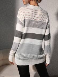 SHEIN LUNE 撞色落肩袖網眼針織套頭毛衣 - 彩色 - 查看 2