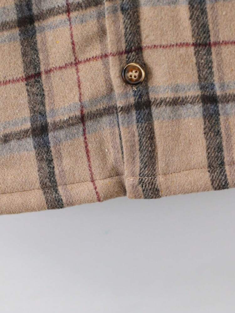 Young Boy Plaid Print Hooded Thermal Lined Coat Without Sweater