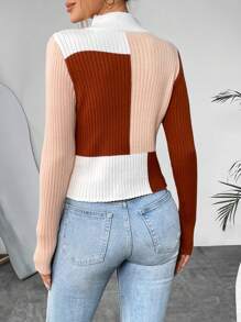 SHEIN LUNE Suéter de cuello alto de punto acanalado con bloques de color para otoño e invierno - Multicolor - Ver 2