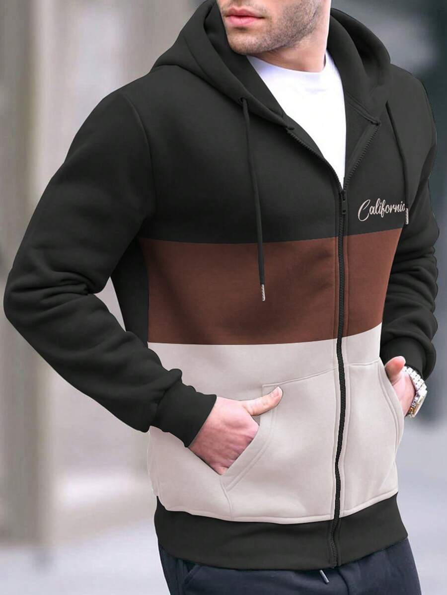 Manfinity Homme Men Colour Block Letter Graphic Drawstring Hooded Thermal Lined Sweatshirt - Black - View 1