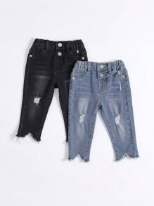 Baby Girls Basic Casual 2pcs Elastic Jeans With Raw Hem