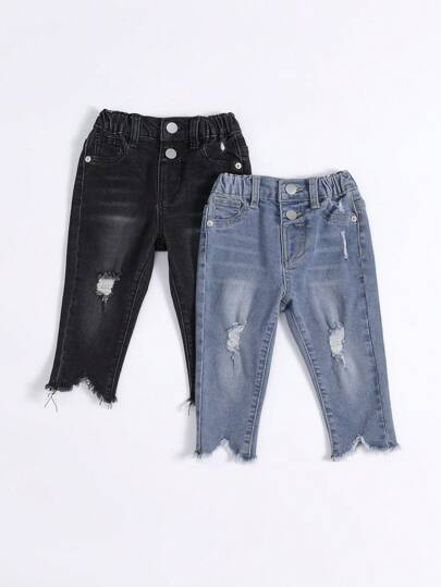 2 piezas Jeans pitillo básicos y casuales con cintura elástica y flecos para niñas bebé