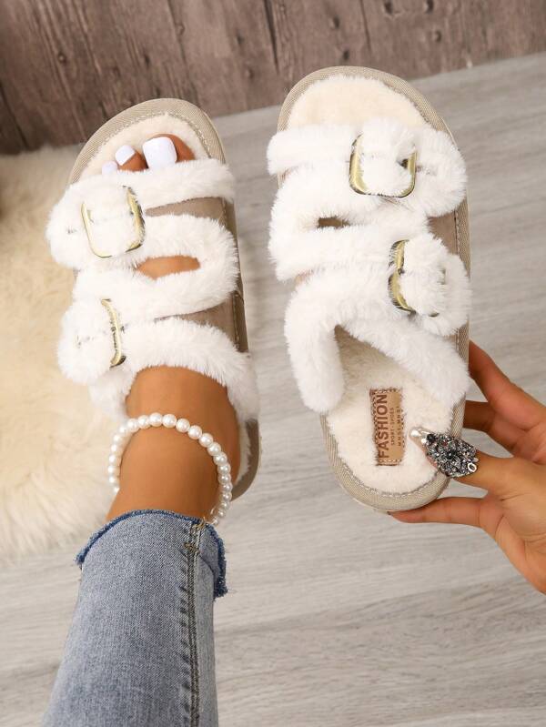 Women's House Slippers With Belt Buckle, Plush Open Toe Indoor Home Shoes