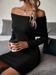 EMERY ROSE 折邊一字肩緊身毛衣洋裝 - 黑色 - 查看 5