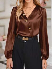 SHEIN Clasi Solid Button Front Bishop Sleeve Blouse - Coffee Brown - View 6