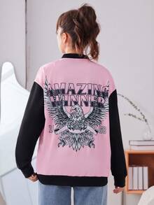 Teen Girl Eagle & Letter Graphic Two Tone Drop Shoulder Bomber Jacket - Pink - View 4