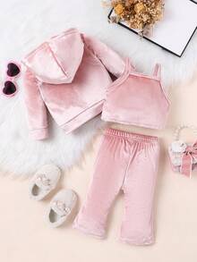 SHEIN 女嬰字母刺繡絲絨連帽衫&吊帶上衣&喇叭褲 - 粉色 - 查看 2