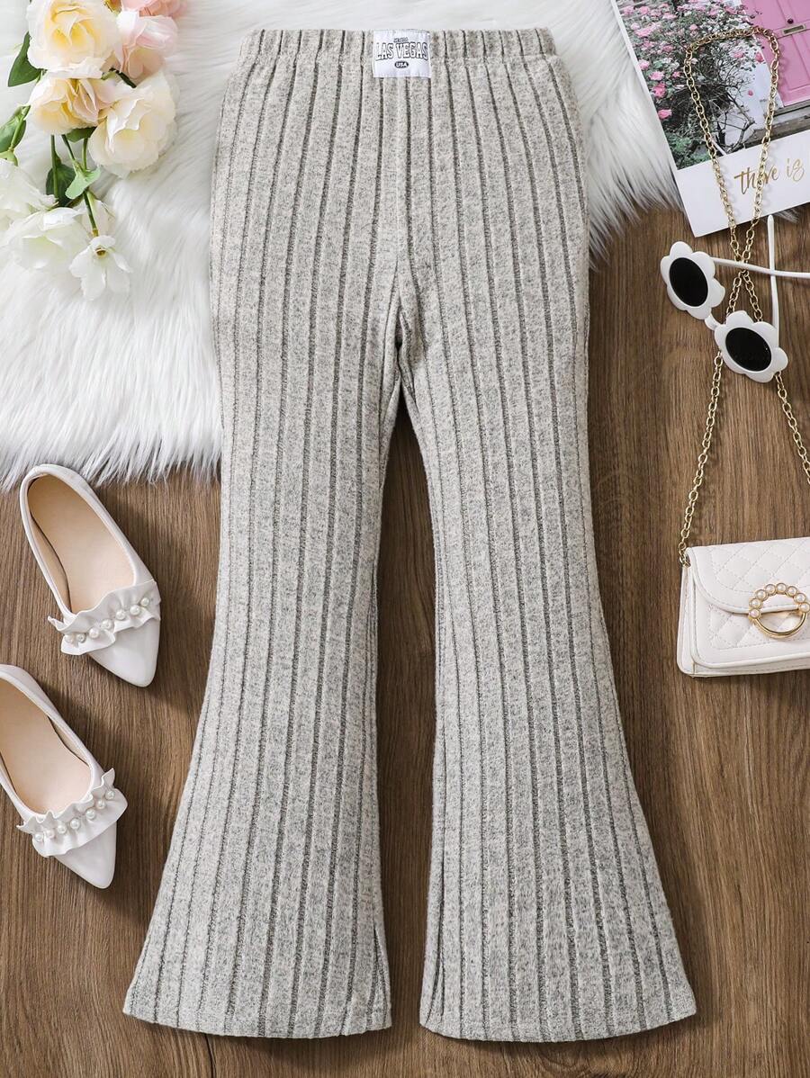 SHEIN Cô gái Tween Chi tiết Patched thư Đồ đan Ribbed Quần ống loe - Màu be - Xem 1