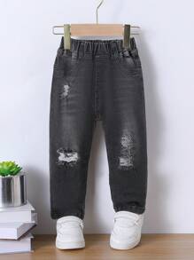 女嬰彈性腰帶破洞牛仔褲 - 黑色 - 查看 1