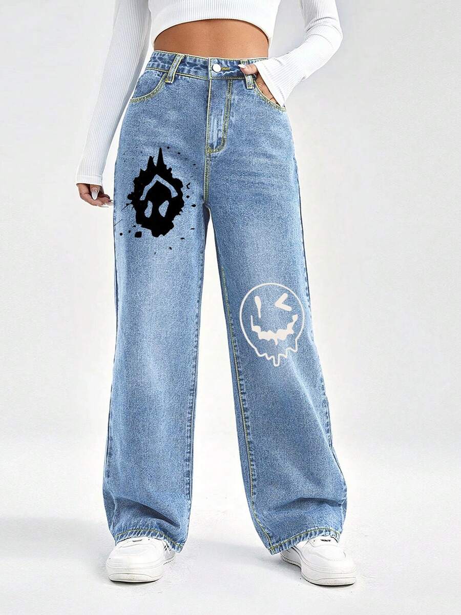 Jeans con estampado de cara de dibujos animados de pierna ancha - Lavado ligero - Ver 1