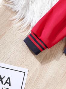 SHEIN Tween Girl Letter Patched Striped Trim Hooded Jacket & Sweatpants - Multicolor - View 5