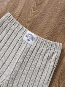 SHEIN Cô gái Tween Chi tiết Patched thư Đồ đan Ribbed Quần ống loe - Màu be - Xem 4