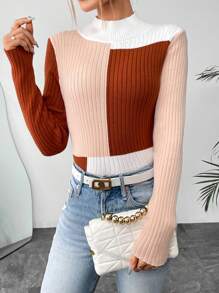 SHEIN LUNE Suéter de cuello alto de punto acanalado con bloques de color para otoño e invierno - Multicolor - Ver 5