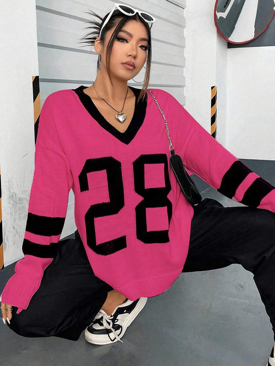 Flirla 大碼字母圖案條紋飾邊落肩袖套頭毛衣 - 彩色 - 查看 1