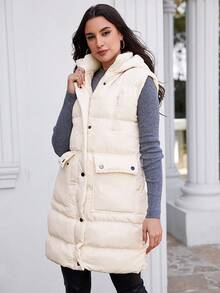 EURMUSE Flap Pocket Button Up Hooded Puffer Vest Coat - White - View 1