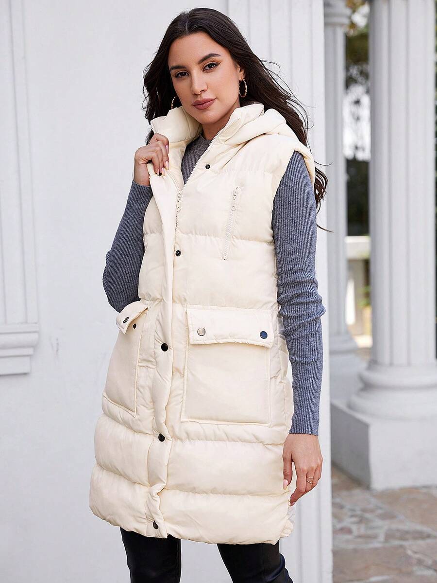 EURMUSE Flap Pocket Button Up Hooded Puffer Vest Coat - White - View 1
