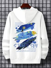 Manfinity Homme Men Slogan & Oil Painting Graphic Kangaroo Pocket Drawstring Hoodie - White - View 5