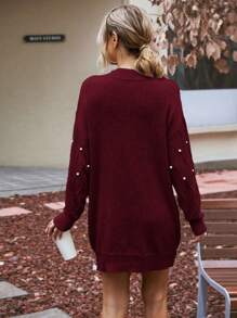 SHEIN Clasi Ngọc trai đính cườm Thả vai Đầm Áo len - Màu Đỏ Sâu - Xem 2