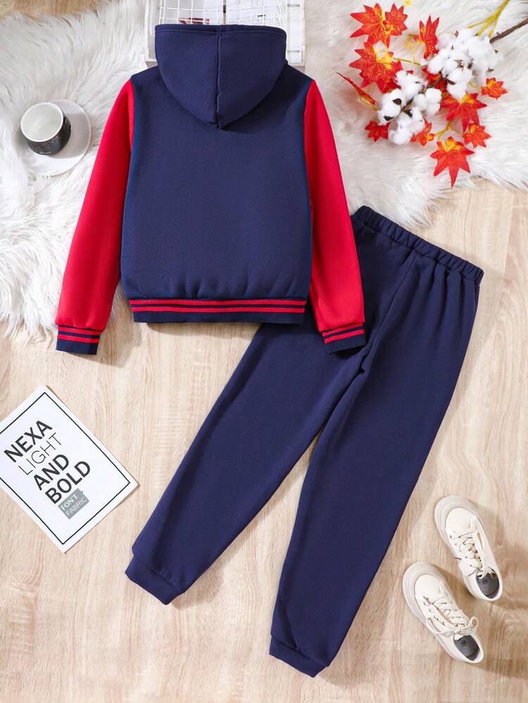 Tween Girl Letter Patched Striped Trim Hooded Jacket & Sweatpants