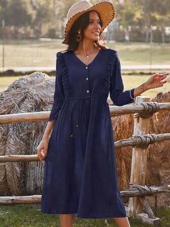 Solid Ruffle Trim Button Front Dress