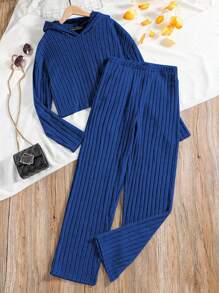 SHEIN 女孩素色連帽T恤和褲子 - 藍色 - 查看 1