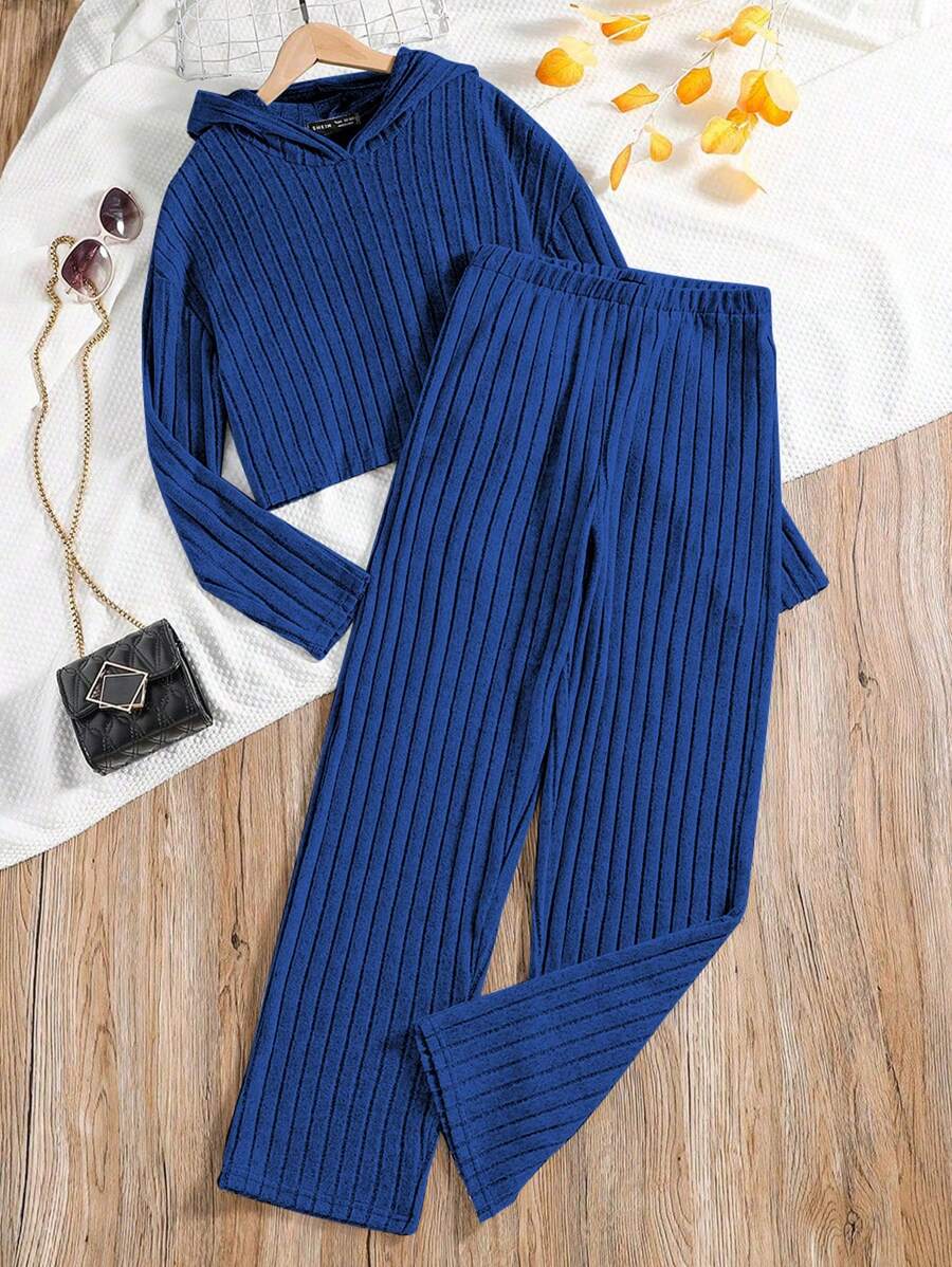 SHEIN 女孩素色連帽T恤和褲子 - 藍色 - 查看 1