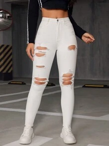 SHEIN ICON Chất rắn Quần jean rách - trắng - Xem 5