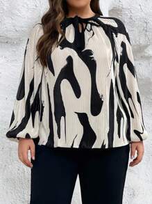 SHEIN Privé Plus Graphic Print Tie Neck Lantern Sleeve Blouse - Black and White - View 4