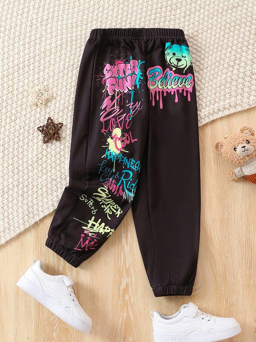 SHEIN 女小童卡通和字母圖案衛褲 - 黑色 - 查看 1