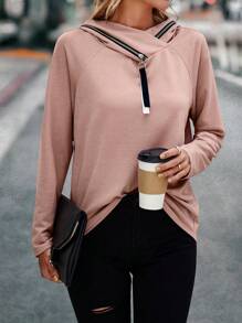 SHEIN LUNE 拉鏈細節插肩袖連帽衫 - 粉色 - 查看 1