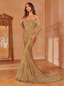 Off Shoulder Mermaid Hem Sequin Formal Dress - Champagne - View 5