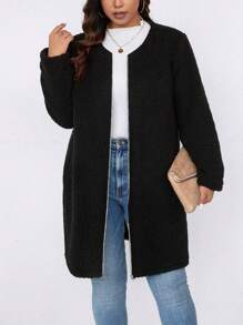 大碼素色拉鏈開襟絨毛外套 - 黑色 - 查看 1