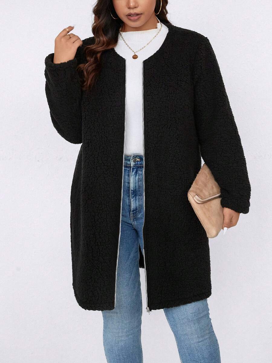 大碼素色拉鏈開襟絨毛外套 - 黑色 - 查看 1