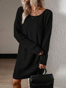 SHEIN LUNE Vestido de punto unicolor de hombros caídos sin cinturón - Negro - Ver 7