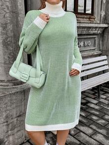 Mulvari Plus Striped Pattern Turtleneck Drop Shoulder Sweater Dress - Multicolor - View 5