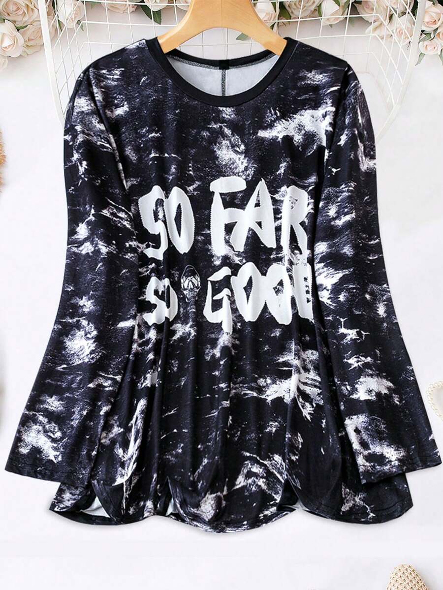 SHEIN LUNE 大碼紮染標語圖案T恤 - 黑色 - 查看 1