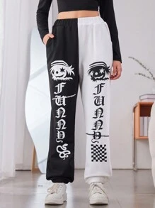 Chica adolescente Pantalones deportivos de dos tonos con estampado de letra japonesa y figura