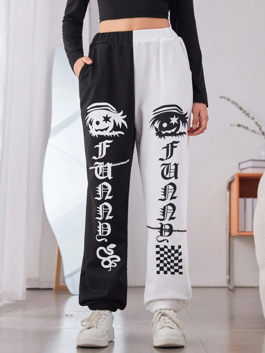 Chica adolescente Pantalones deportivos de dos tonos con estampado de letra japonesa y figura