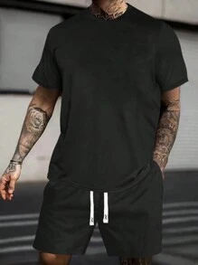 Manfinity Homme Men Solid Tee & Drawstring Waist Shorts - Black - View 1