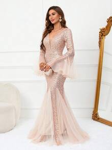 对比色网眼亮片舞会礼服优雅长袖正式晚会婚礼宾客礼服，适合毕业典礼、晚宴 - 金色 - 查看 6