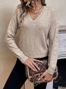 EMERY ROSE 纯色 V 领落肩毛衣、长袖上衣