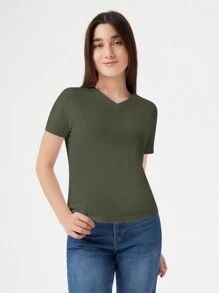RueChic Teen Girl Solid V Neck Tee - Dark Green - View 6