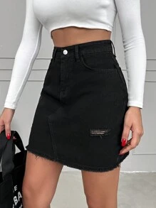 EURMUSE High Waist Ripped Raw Hem Denim Skirt - Black - View 4