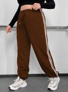 Flirla 大碼條紋拼接織帶腰部抽繩衛褲 - 棕色 - 查看 1