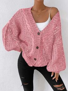 Chiquease Marled Knit Lantern Sleeve Button Front Cardigan - Pink - View 3