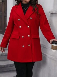 SHEIN Clasi 大碼聖誕西裝領雙排釦花呢外套 - 紅色 - 查看 6