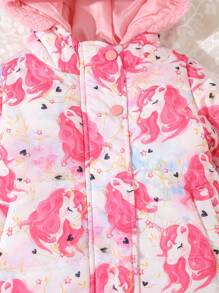 Baby Girl Unicorn Print Hooded Padded Coat - Pink - View 4
