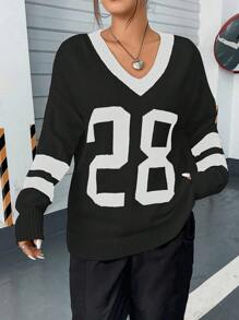 Flirla Hơn Đồ họa Chữ cái Thả vai Áo len - Nhiều màu - Xem 5