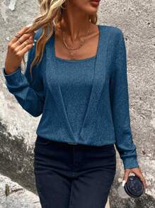 SHEIN Clasi Solid Square Neck Sweatshirt,Long Sleeve Tops Graduation,Back To School Outfits,Graduation,Teacher Outfits For Women,Back To School In Fall/Winter - Blue - View 6